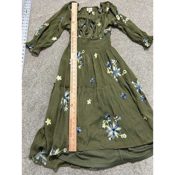 Fig & Flower Olive Embroidered Hi-Low Lined Boho Dress S - Picture 10 of 16